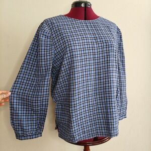 Treasure & Bond Womens Top Blue Plaid Balloon Sleeve Linen Cottagecore Blouse